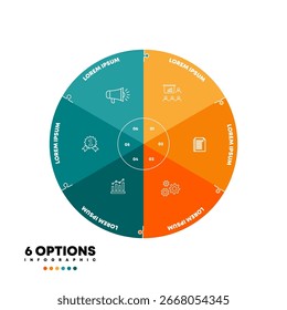 Infografik-Tortendiagramm mit 6-Schritt-Optionen. Tortendiagramme können für Geschäftsanalysen, Datenvisualisierung und Präsentationen verwendet werden. Vektorgrafik EPS 