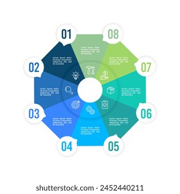 Infographic pie chart with 8 processes to success. Annual report. Business presentation. Vector illustration.