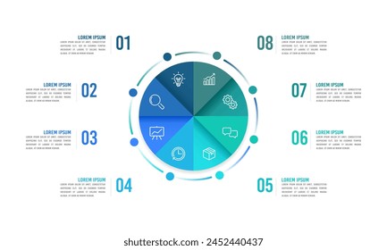 Gráfico circular infográfico con 8 procesos para el éxito. Informe anual. Presentación de negocios. Desarrollo, flujo de trabajo y línea de tiempo. Ilustración vectorial.