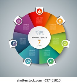 Infographic pie chart circle template with 7 options. Can be used as cycle diagram, graph, web banner, workflow layout