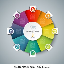 Infographic pie chart circle template with 8 options. Can be used as cycle diagram, graph, web banner, workflow layout