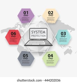 Infographic pie chart protection of computer systems against the background of the world map