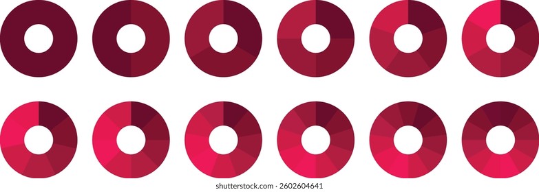 Infographic pie chart set. Circle diagram collection Colorful Pie chart divided 1, 3, 6, 9, 12 equal parts. Segmented circle icons. Pie chart vector illustration
