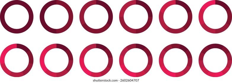 Infographic pie chart set. Circle diagram collection Colorful Pie chart divided 1, 3, 6, 9, 12 equal parts. Segmented circle icons. Pie chart vector illustration