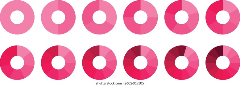 Infographic pie chart set. Circle diagram collection Colorful Pie chart divided 1, 3, 6, 9, 12 equal parts. Segmented circle icons. Pie chart vector illustration