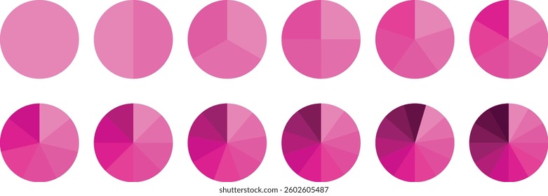 Infographic pie chart set. Circle diagram collection Colorful Pie chart divided 1, 3, 6, 9, 12 equal parts. Segmented circle icons. Pie chart vector illustration