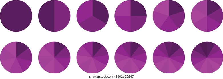 Infographic pie chart set. Circle diagram collection Colorful Pie chart divided 1, 3, 6, 9, 12 equal parts. Segmented circle icons. Pie chart vector illustration