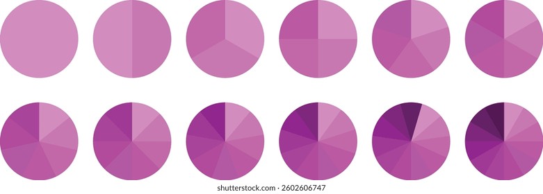 Infographic pie chart set. Circle diagram collection. Colorful Pie chart divided 1, 3, 6, 9, 12 equal parts. Segmented circle icons with sections or parts. Pie chart vector illustration