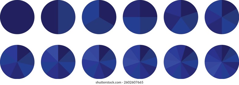 Infographic pie chart set. Circle diagram collection. Colorful Pie chart divided 1, 3, 6, 9, 12 equal parts. Segmented circle icons with sections or parts. Pie chart vector illustration
