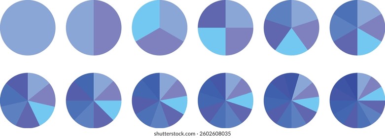 Infographic pie chart set. Circle diagram collection. Colorful Pie chart divided 1, 3, 6, 9, 12 equal parts. Segmented circle icons with sections or parts. Pie chart vector illustration