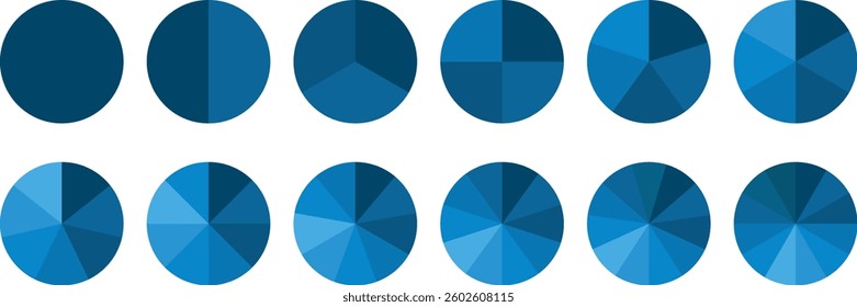Infographic pie chart set. Circle diagram collection. Colorful Pie chart divided 1, 3, 6, 9, 12 equal parts. Segmented circle icons with sections or parts. Pie chart vector illustration