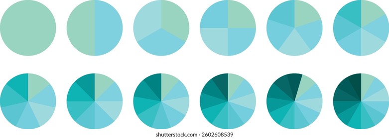 Infographic pie chart set. Circle diagram collection. Colorful Pie chart divided 1, 3, 6, 9, 12 equal parts. Segmented circle icons with sections or parts. Pie chart vector illustration