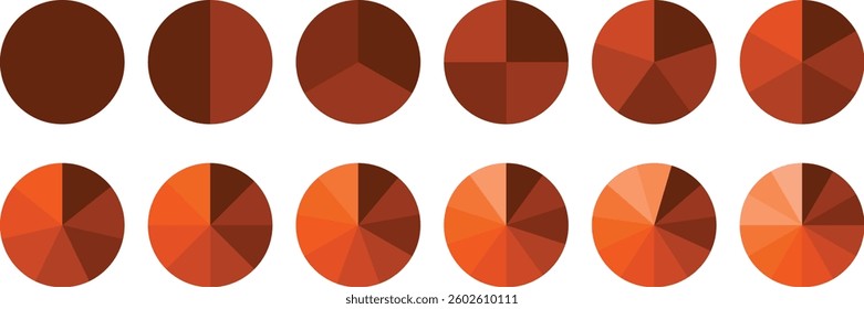 Infographic pie chart set. Circle diagram collection. Segmented circle icons. Colorful Pie chart divided 1, 3, 6, 9, 12 equal parts. Pie chart vector