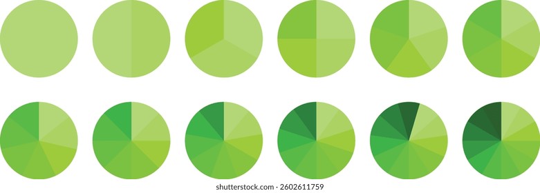 Infographic pie chart set. Circle diagram collection. Segmented circle icons. Colorful Pie chart divided 1, 3, 6, 9, 12 equal parts. Pie chart vector