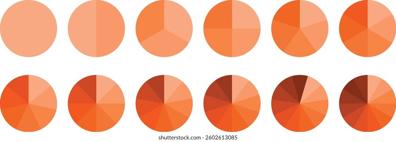 Infographic pie chart set. Circle diagram collection. Segmented circle icons. Colorful Pie chart divided 1, 3, 6, 9, 12 equal parts. Pie chart vector