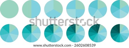 Infographic pie chart set. Circle diagram collection. Colorful Pie chart divided 1, 3, 6, 9, 12 equal parts. Segmented circle icons with sections or parts. Pie chart vector illustration