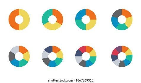 Infographic pie chart set. Cycle collection - 2,3,4,5,6,7 and 8 section. Vector isolated on white background