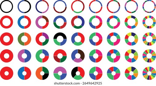 Conjunto de gráficos de pizza infográfico. Recolha de ciclos -1. seção 2,3,4,5,6,7..8 e 9. Vetor isolado no plano de fundo branco	