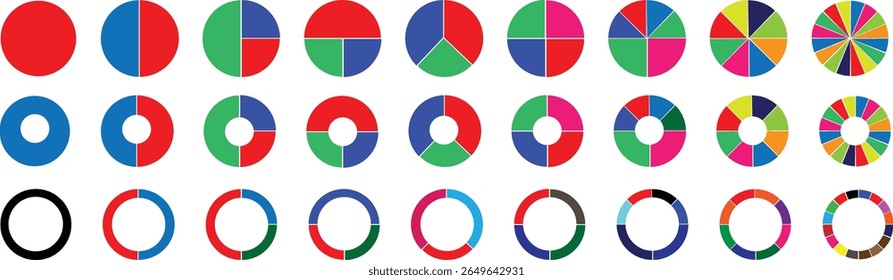 Conjunto de gráficos de pizza infográfico. Recolha de ciclos -1. seção 2,3,4,5,6,7..8 e 9. Vetor isolado no plano de fundo branco	