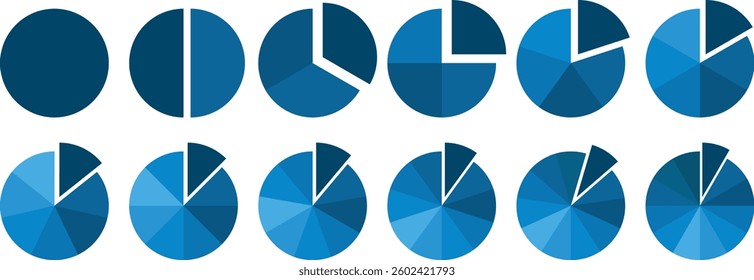 Infographic Pie chart set. Segmented circle icons for data, web design, banner with sections or parts. Pie chart vector. Circle diagram set. Colorful Pie chart divided 1, 3, 6, 9, 12 equal parts. 