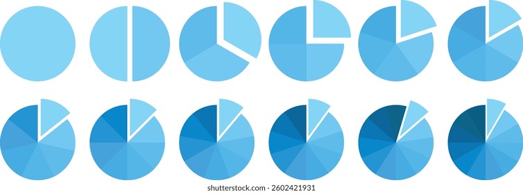 Infographic Pie chart set. Segmented circle icons for data, web design, banner with sections or parts. Pie chart vector. Circle diagram set. Colorful Pie chart divided 1, 3, 6, 9, 12 equal parts. 