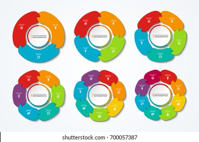 Infographic pie chart set. Vector circle template that can be used for graph, chart, diagram, step options. Business concept of 3, 4, 5, 6, 7, 8 connected parts, segments.