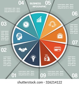 Infographic Pie chart template from colourful circle with text areas on nine positions
