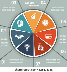 Infographic Pie chart template from colourful circle with text areas on seven positions