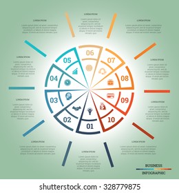 Infographic Pie chart template colourful circle from lines with text areas on ten positions