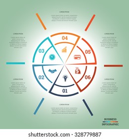 Infographic Pie chart template colourful circle from lines with text areas on six positions