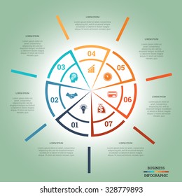 Infographic Pie chart template colourful circle from lines with text areas on seven positions
