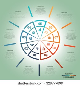 Infographic Pie chart template colourful circle from lines with text areas on nine positions