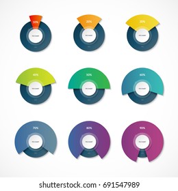 Infographic pie chart templates. Share of 10, 20, 30, 40, 50, 60, 70, 80, 90 percent. Vector banner. Can be used for chart, graph, data visualization, web design