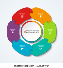 Infographic pie chart. Vector circle template that can be used for graph, chart, diagram, step options. Business concept of 6 connected parts, segments.