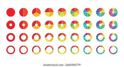 Infografische Tortendiagramm-Vektorgrafiken.  Kreisdiagramme, Farbsegmente und Geschäftsanalyse-Symbole. Kreisdiagrammsatz Kreisdiagramm