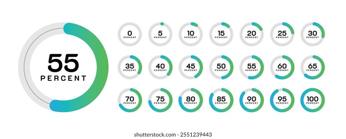 Infographic pie charts, donut chart set show for various percent numbers 0 to 100% for infographic, ux ui web design and data visualization.