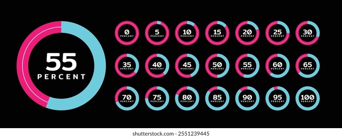 Infographic pie charts, donut chart set show for various percent numbers 0 to 100% for infographic, ux ui web design and data visualization.