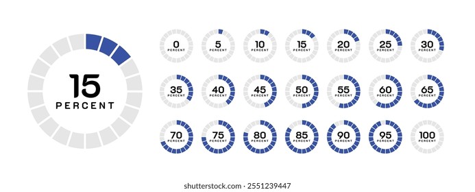 Infographic pie charts, donut chart set show for various percent numbers 0 to 100% for infographic, ux ui web design and data visualization.