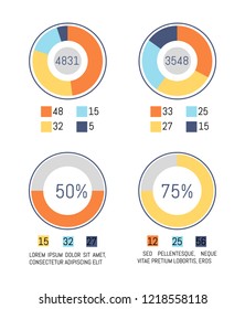Infographic, pie diagrams business statistics representation vector. Schemes with numbers and data on analysis. Flowchart layout, graphics design