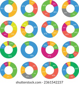 Infographic pie graph set. Colorful diagram with selections or steps and percentage. Vector illustration for infographic, web design or business presentation.
