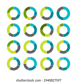 Infographic pie graph set. Vector illustration. Colorful diagram collection with sections or steps. Pie charts for infographic, UI, web design, business presentation on white background.