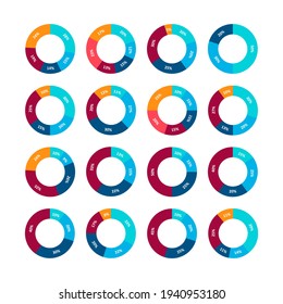 Infographic pie graph set. Vector illustration. Colorful diagram collection with sections or steps. Pie charts for infographic, UI, web design, business presentation on white background.