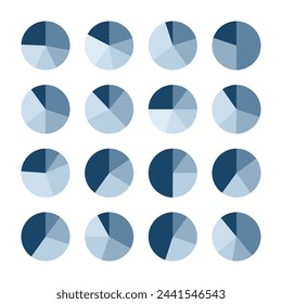 Infographic pie graph set. Vector illustration. Blue diagram collection with sections or steps. Pie charts for infographic, UI, web design, business presentation on white background