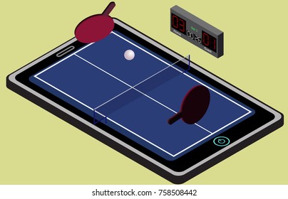 Infographic ping pong blue tennis playground, ball, and rackets. Isometric image. Isolated. In vector
