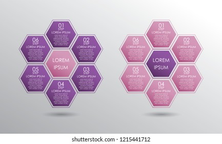 Infographic with pink color honeycomb structure template set on the grey background