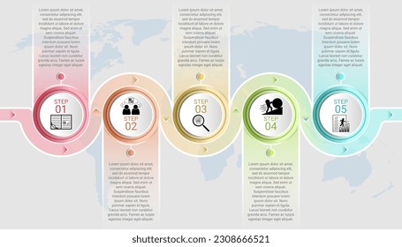 Infografik-Rohrvorlage mit einem Kreisdiagramm 5 Stufen mit einem Beschreibungsfeld und einer Weltkarte dahinter.