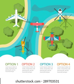 Infographic with planes and helicopters, top view. Air transport infographics design elements, vector illustration