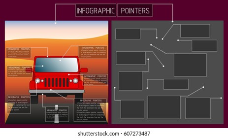 Infographic pointers. Frame and a text box with the extension line and a circular indicator. Symbols and graphics resources. Vector illustration.