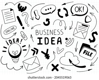 Infographic pointers set. Vector arrows and pointers, doodle style skates of mail, cloud, ideas, currency, wi fi icon, online status, paper work icon and other business elements for presentation.