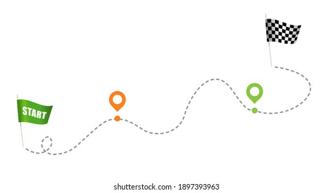 Infographic with points on the road on the dotted line. Green Flag and Checkered flag for racing. Vector illustration in flat style isolated. 